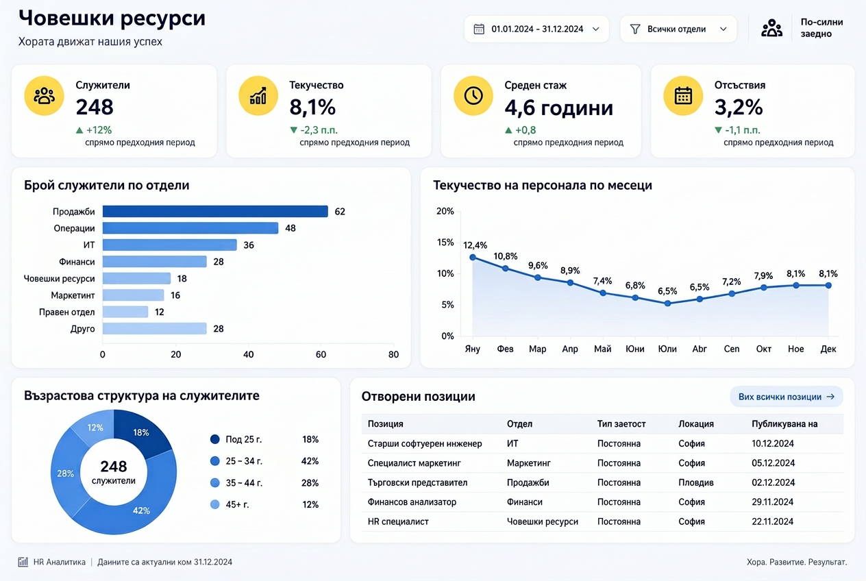 Всичките ви данни за човешките ресурси от различни източници на едно място — визуализация на табло